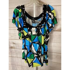 Brand New & Andre Women's Medium Rosa Blue Black Multi Print Blouse Top